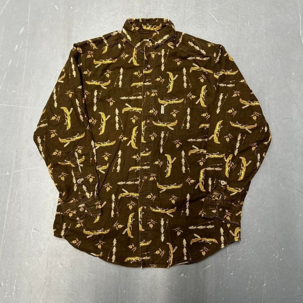 Vintage woolich brown outdoors all over print button up long sleeve flannel